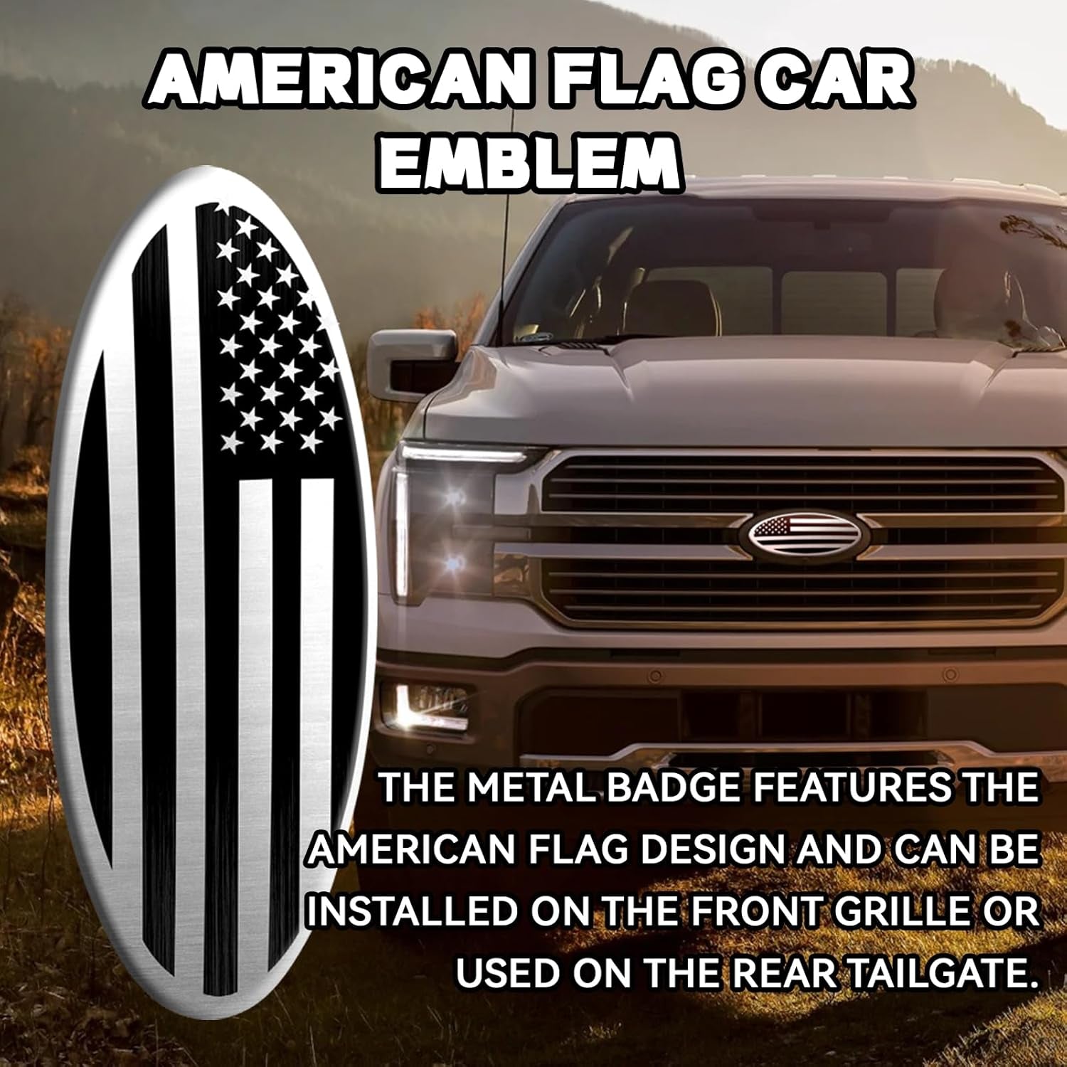 Ford F150 F250 F350 Silver American Flag Tailgate Emblem - 9 Inch Aluminum Oval Overlay Decal for Front Grill and Rear Tailgate