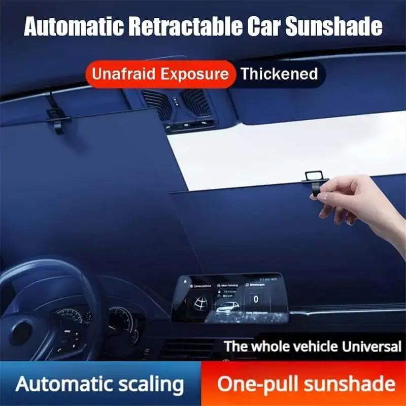 Automatic Retractable Car Sunshade, Windshield Sun Shade for UV & Heat Blocker, 47-53 Inch Adjustable, Foldable Sun Visor for All Season, Car Privacy Shades, Automotive Accessories Exterior