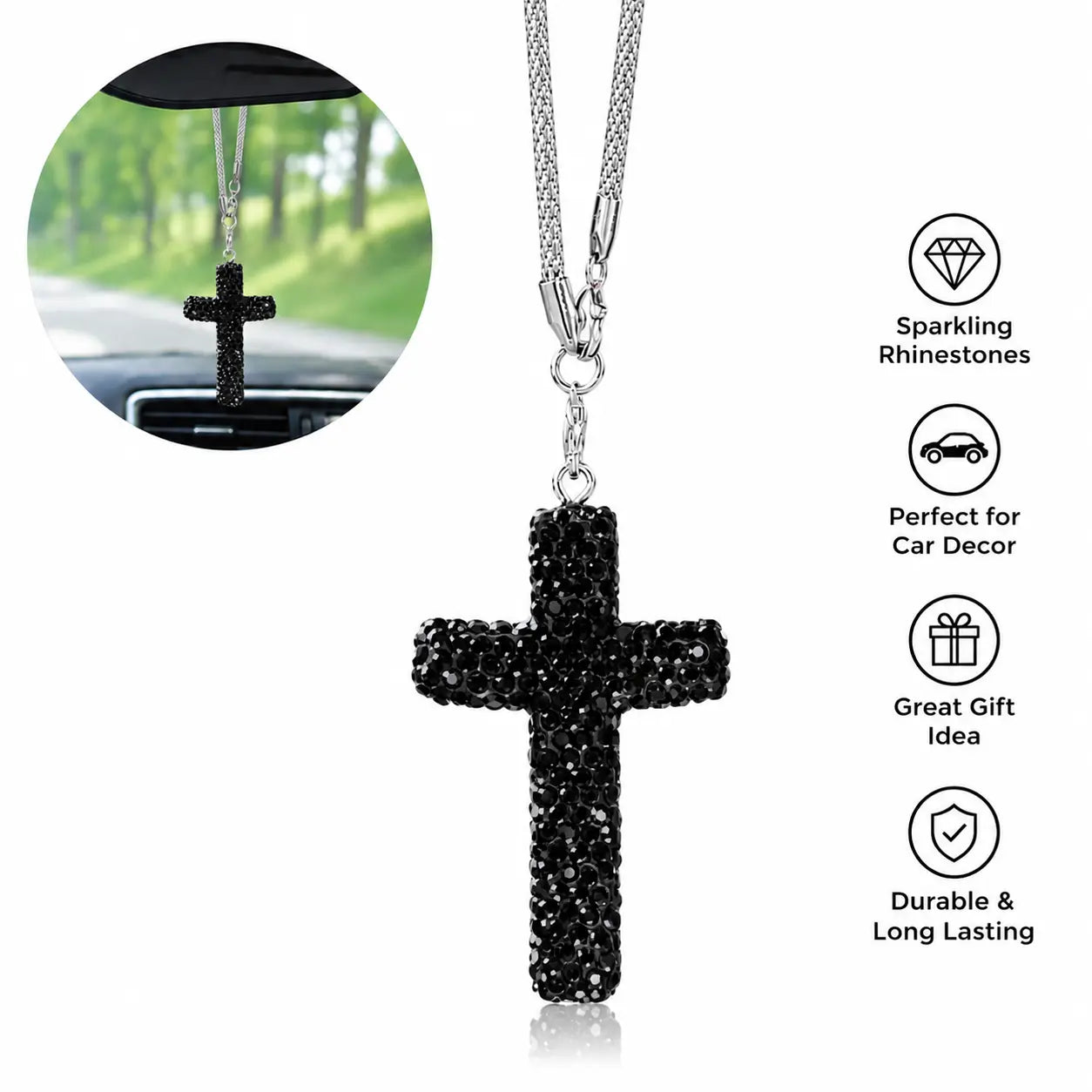 Bling Cross Car Hanging Ornament – Rhinestone Stainless Steel Rearview Mirror Pendant, Car Interior Decoration Accessory for Women & Men