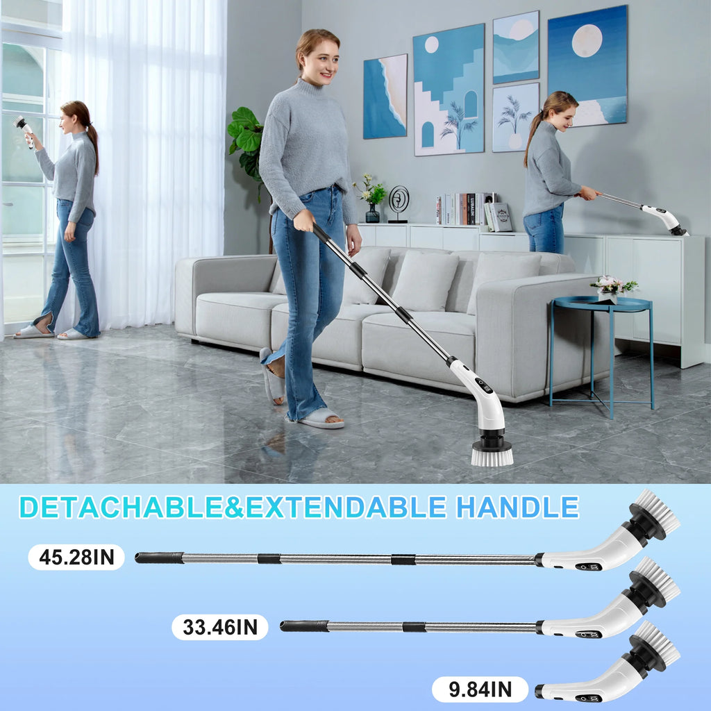Cordless Electric Spin Scrubber with 8 Attachments and Extended Handle for Efficient Bathroom and Kitchen Cleaning, White