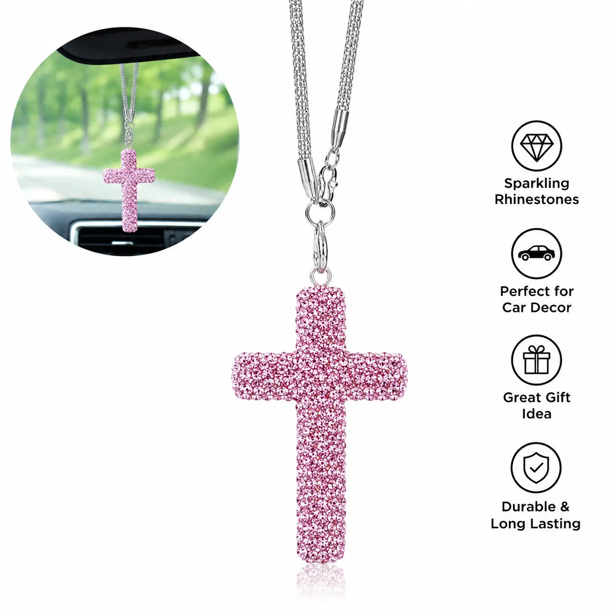Bling Cross Car Hanging Ornament – Rhinestone Stainless Steel Rearview Mirror Pendant, Car Interior Decoration Accessory for Women & Men