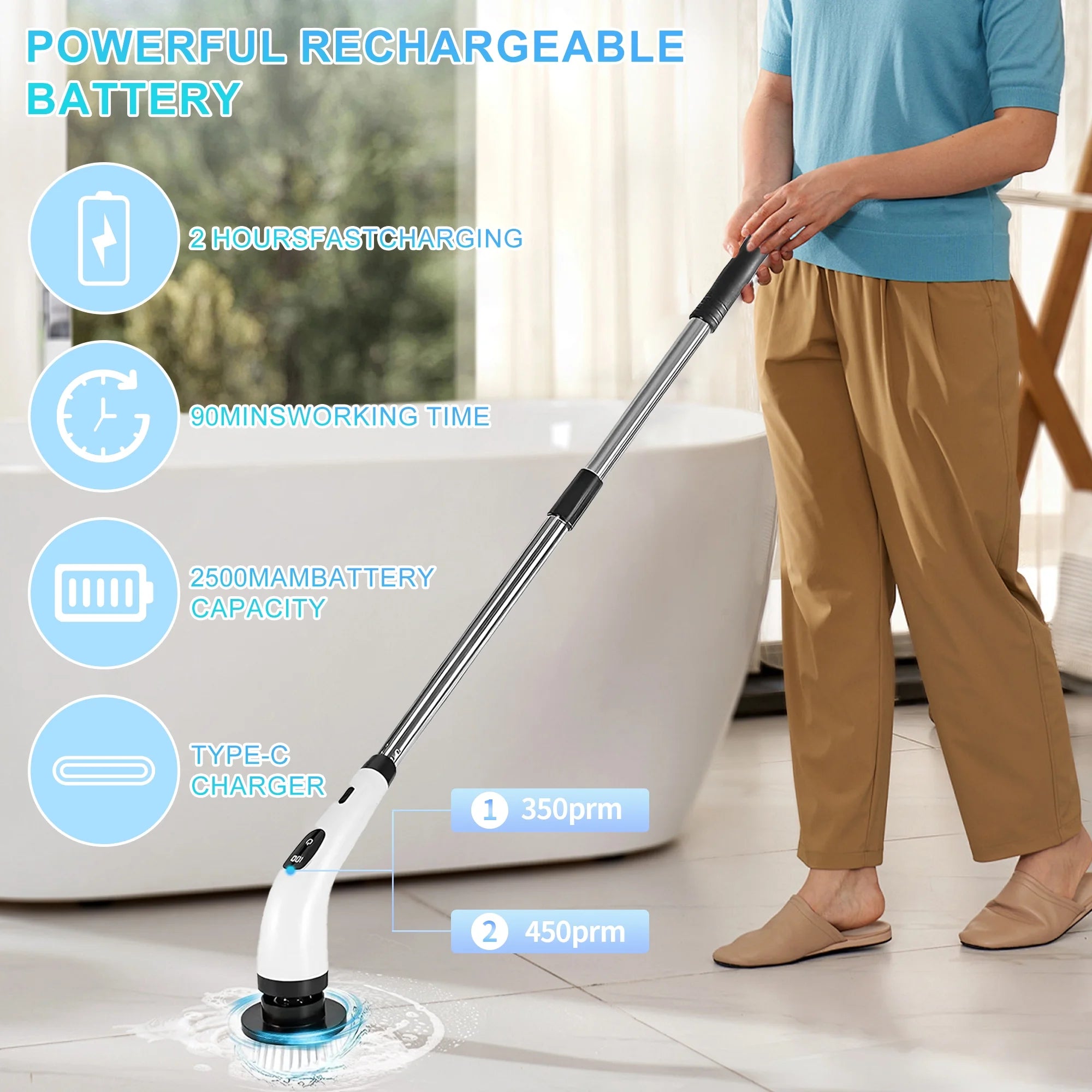 Cordless Electric Spin Scrubber with 8 Attachments and Extended Handle for Efficient Bathroom and Kitchen Cleaning, White
