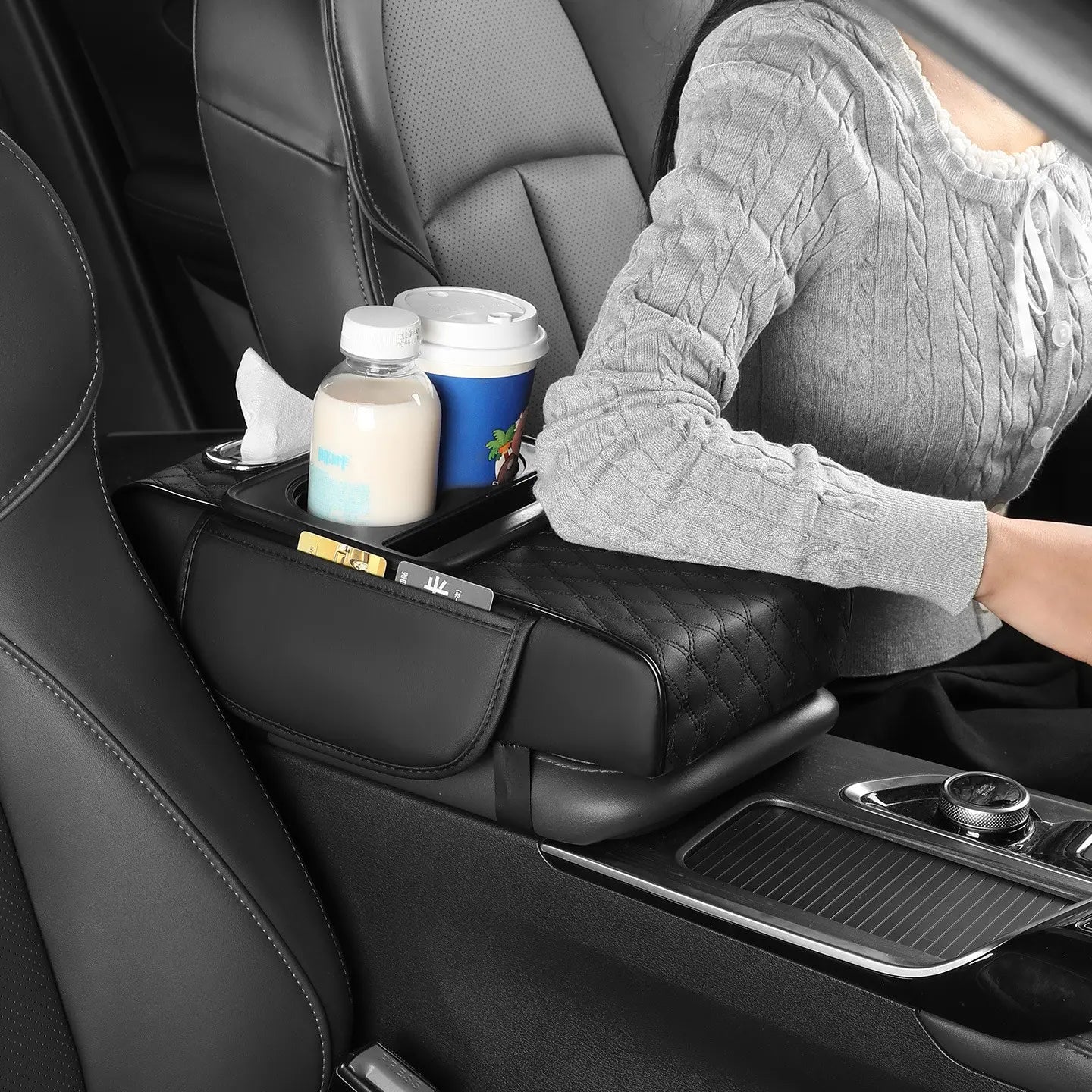 Car Paper Towel Holder, Car Tissue Box, Armrest Pad, Car Center Console Storage Bag, Cup Rack Four-In-One Multi-Functional, Car Interior Organizers, 1Pcs Automotive Accessory
