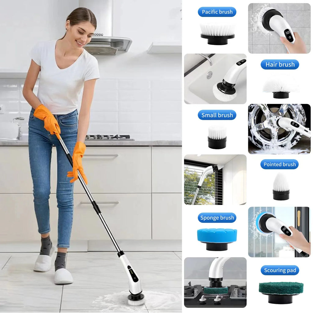 Cordless Electric Spin Scrubber with 8 Attachments and Extended Handle for Efficient Bathroom and Kitchen Cleaning, White
