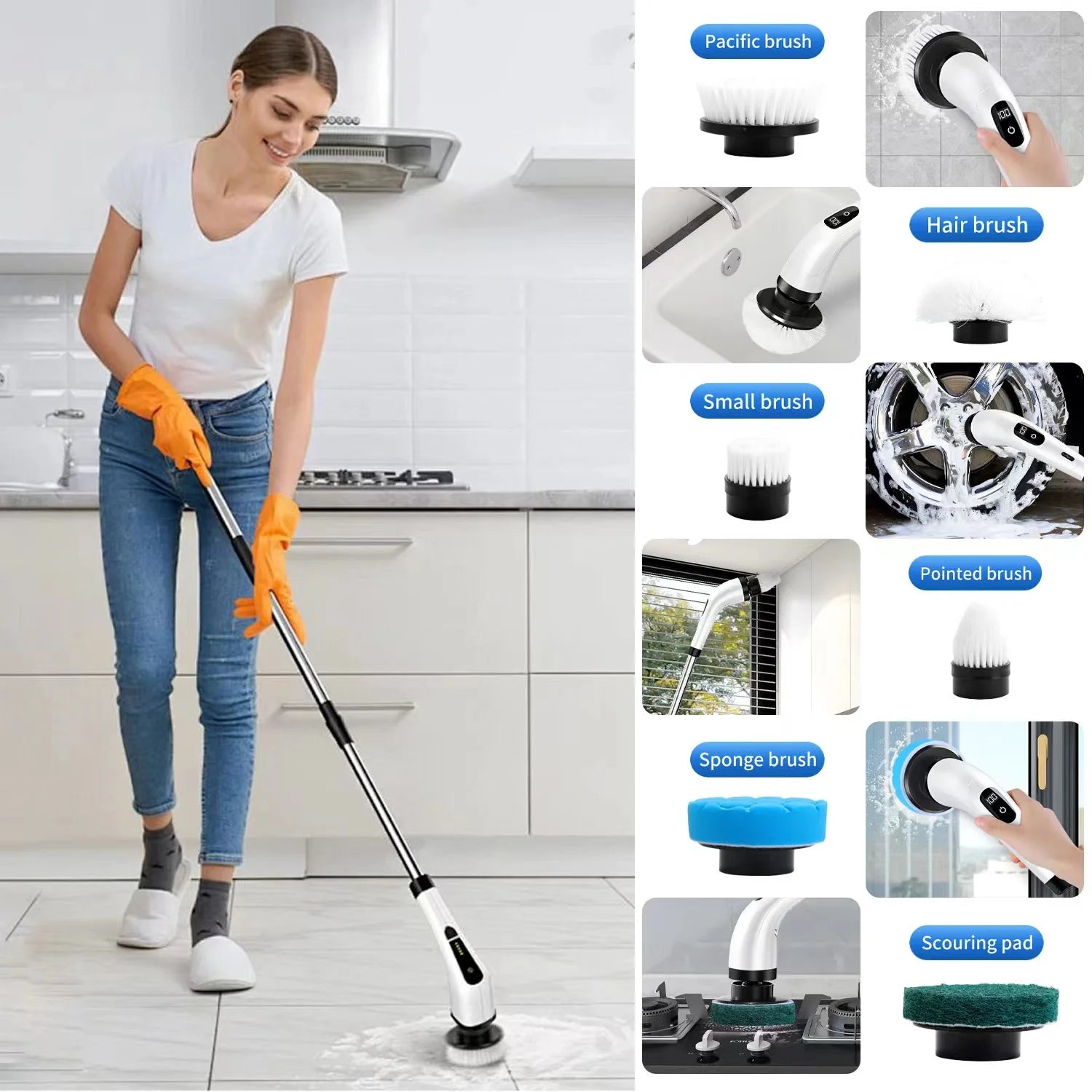 Cordless Electric Spin Scrubber with 8 Attachments and Extended Handle for Efficient Bathroom and Kitchen Cleaning, White