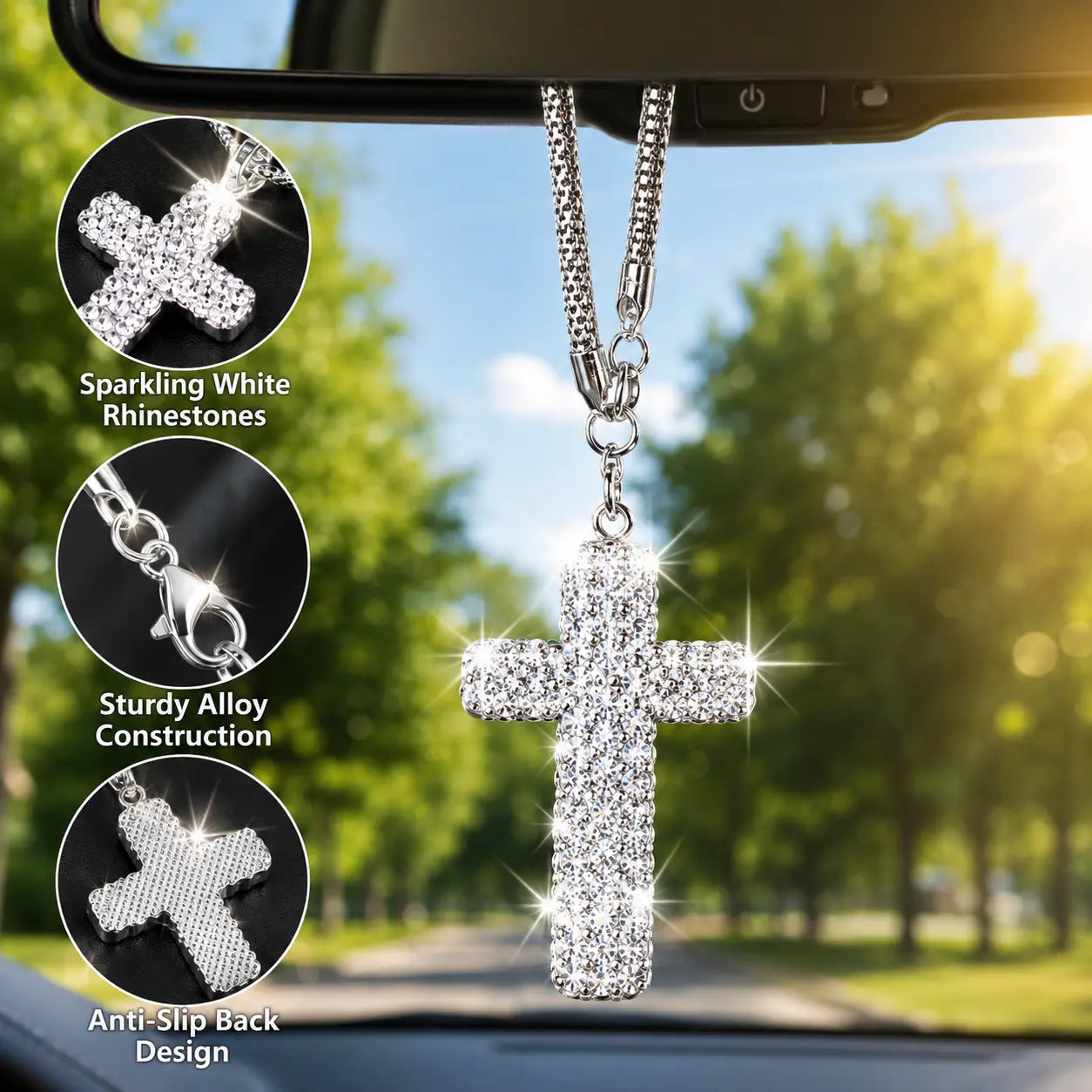 Bling Cross Car Hanging Ornament – Rhinestone Stainless Steel Rearview Mirror Pendant, Car Interior Decoration Accessory for Women & Men