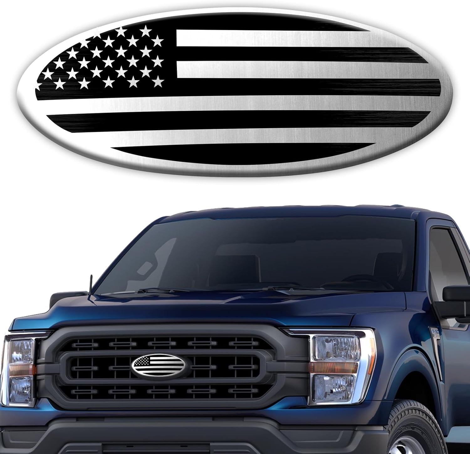 Ford F150 F250 F350 Silver American Flag Tailgate Emblem - 9 Inch Aluminum Oval Overlay Decal for Front Grill and Rear Tailgate