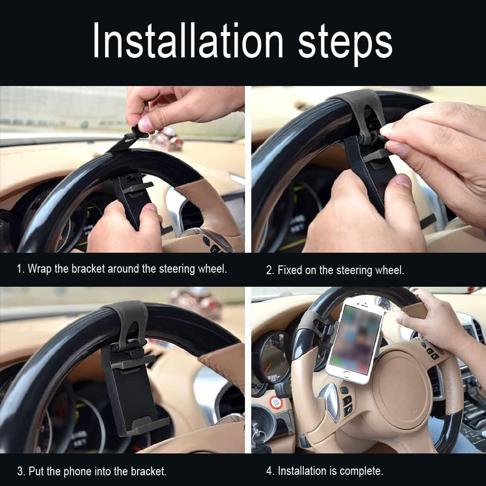Adjustable Car Phone Cradle - Universal Mobile Phone Mount for Steering Wheel, Hands-Free Automobile Cell Phone Holder (Black)