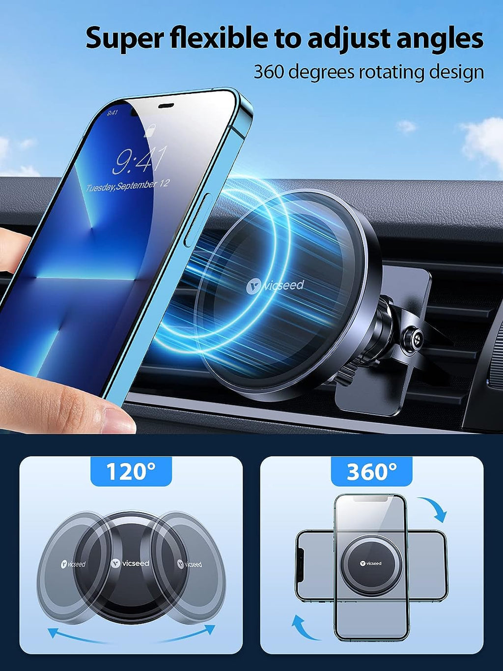 MagSafe Car Mount with Enhanced Magnetic Power - 360-Degree Adjustable Magnetic Phone Holder for iPhone 17 Pro Max, 16, 15, 14, 13, 12, Plus, and Mini