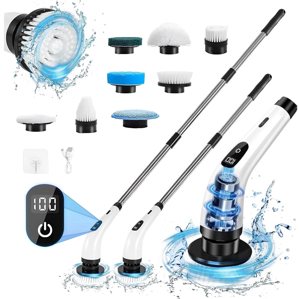 Cordless Electric Spin Scrubber with 8 Attachments and Extended Handle for Efficient Bathroom and Kitchen Cleaning, White