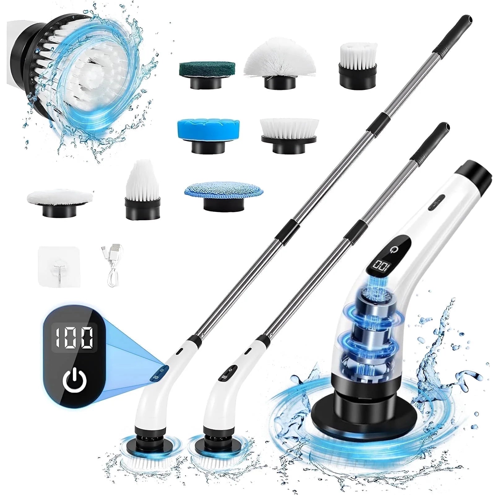 Cordless Electric Spin Scrubber with 8 Attachments and Extended Handle for Efficient Bathroom and Kitchen Cleaning, White